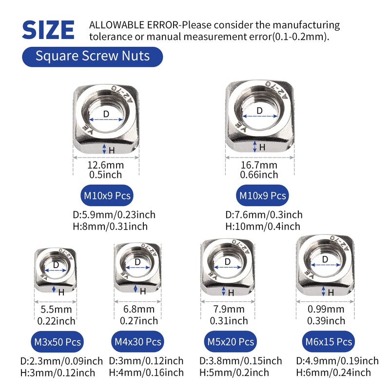 FSATNDE 304 Stainless Steel Machine Square Screw Nuts 304 Square Nuts Metric Assortment Kit Nut 139Pcs - Image 3